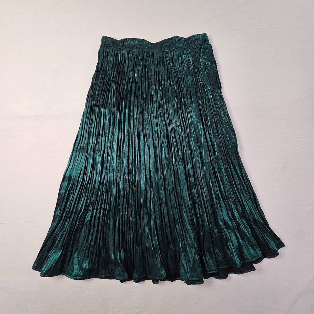 Vintage River Ridge Lg Teal Metallic Pleated Midi Skirt Shiny Satin Jewel Tone